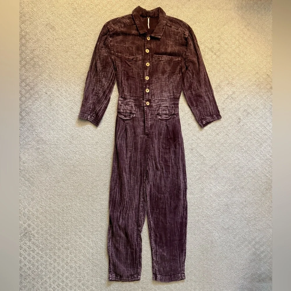 Free People Textured Button-Front Purple Jumpsuit in Plum Stone Washed Boho